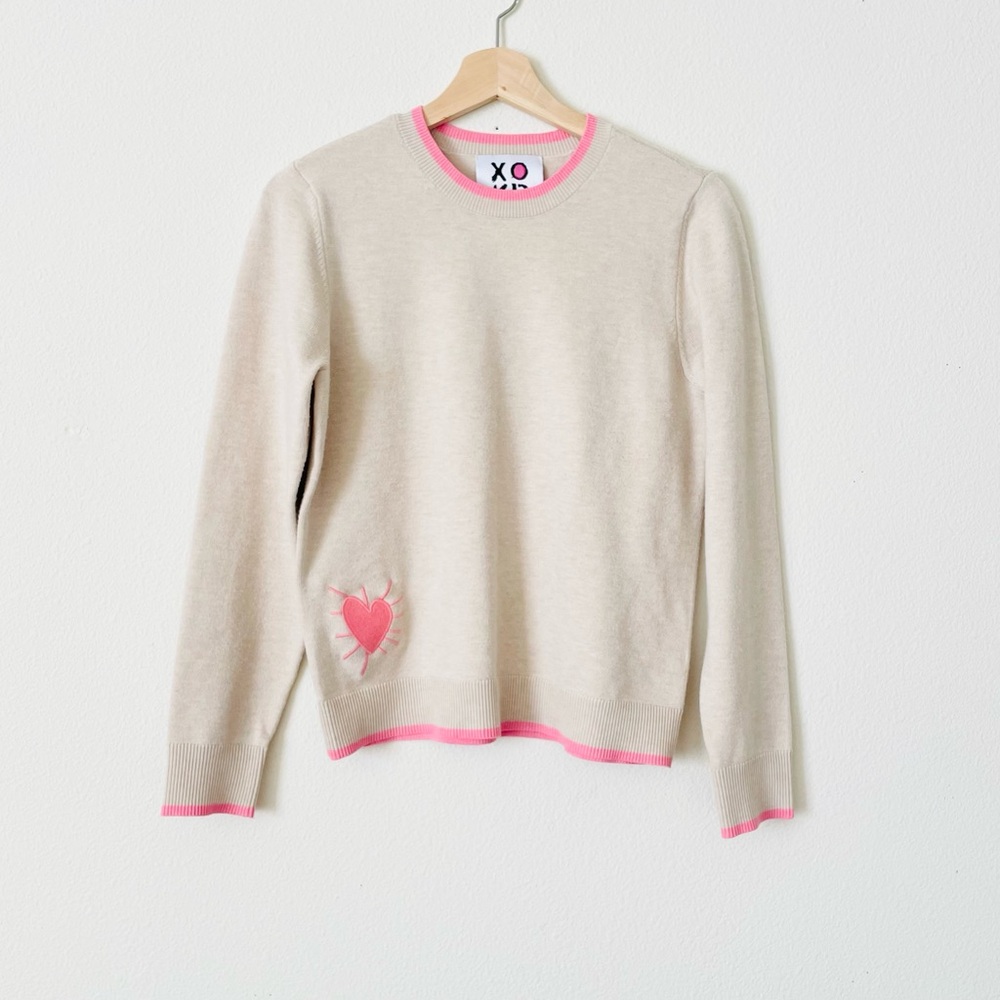 XO Beige Crewneck Sweater with Pink Trim